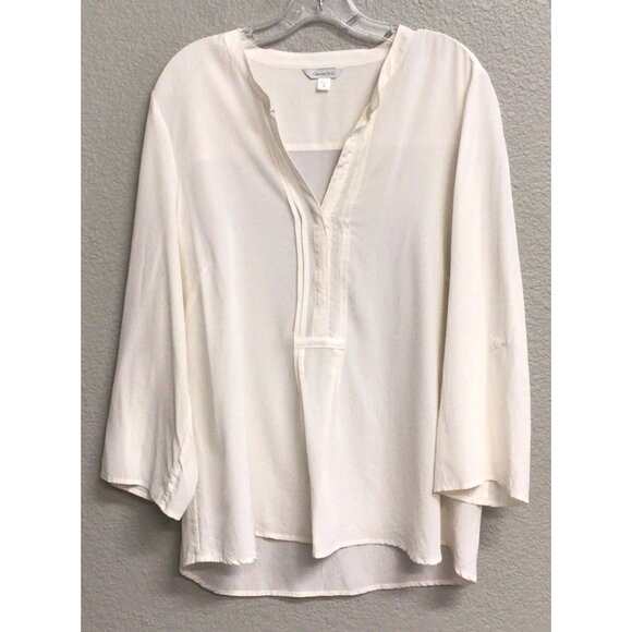 Garnet Hill Blouse 100% Silk Ivory Buttons Pleats Long Sleeves 16 Roll Tab Slv - Picture 1 of 12